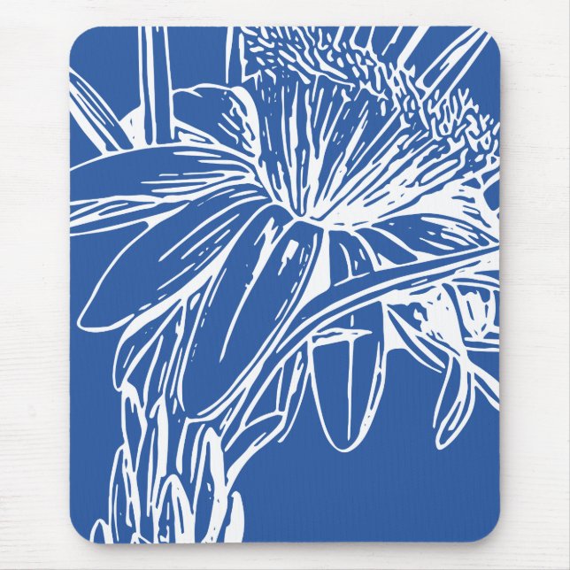 Modern Blue Botanical Floral Line Drawing Artwork Mouse Pad (Front)