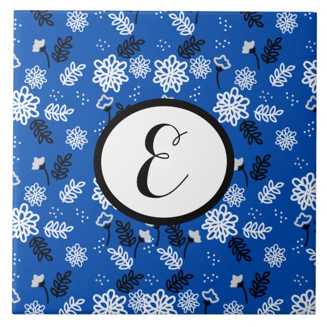 Modern Blue Botanical Floral Pattern Tile (Front)
