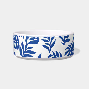 Modern Blue Botanical Leaves Pattern Pet Bowl