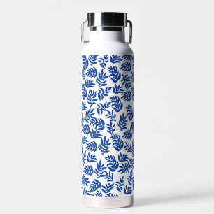 Modern Blue Botanical Leaves Pattern Water Bottle