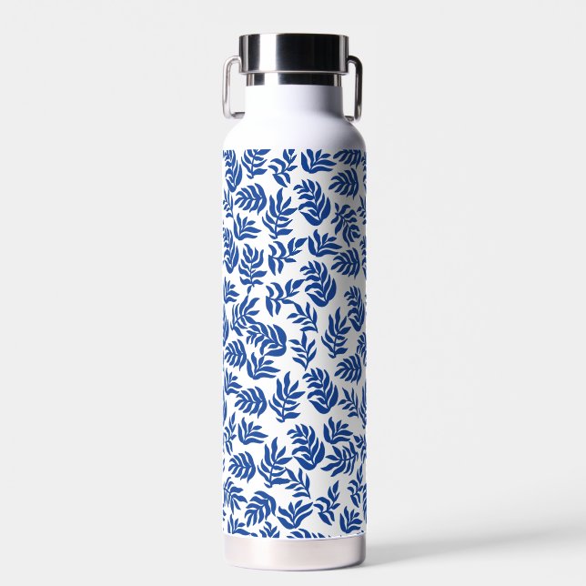 Modern Blue Botanical Leaves Pattern Water Bottle (Front)