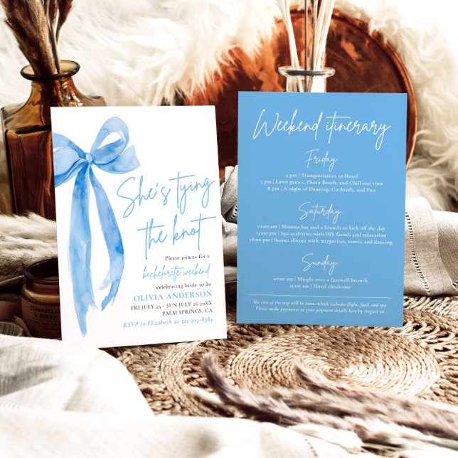 Modern Blue Bow Bachelorette Weekend Itinerary Invitation (Creator Uploaded)