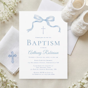 Modern Blue Bow Baptism Invitation for Boy