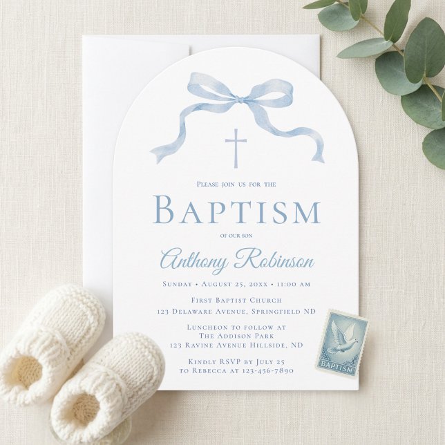 Modern Blue Bow Baptism Invitation for Boy (Creator Uploaded)