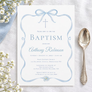 Modern Blue Bow Baptism Invitation for Boy
