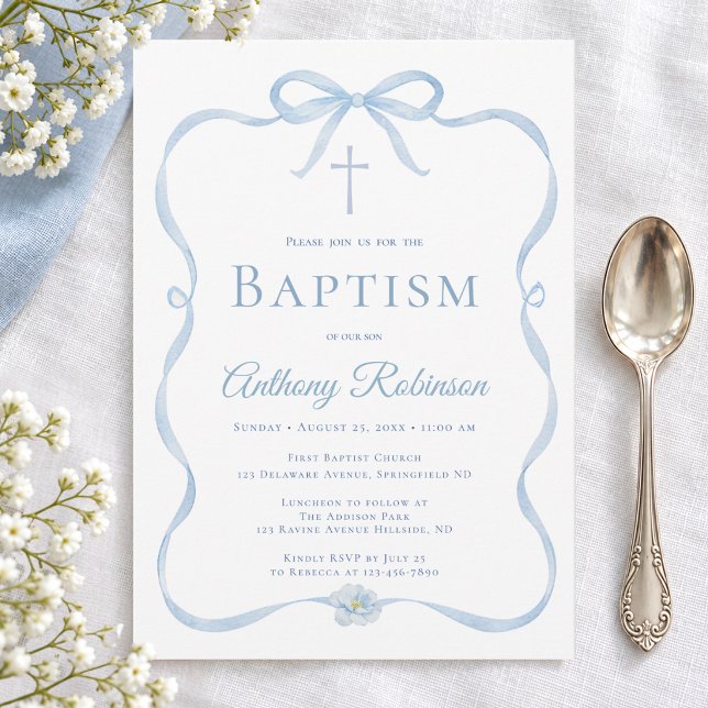 Modern Blue Bow Baptism Invitation for Boy (Creator Uploaded)
