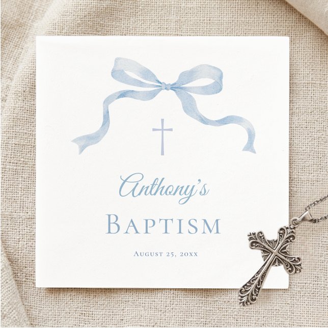 Modern Blue Bow Baptism Napkins for Boy (Creator Uploaded)