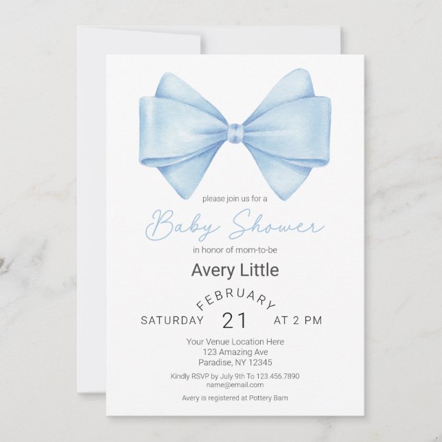 Modern Blue Bow Boy Baby Shower Invitation (Front)