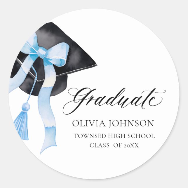 Modern Blue  Bow Coquette Graduation Cap Graduate Classic Round Sticker (Front)