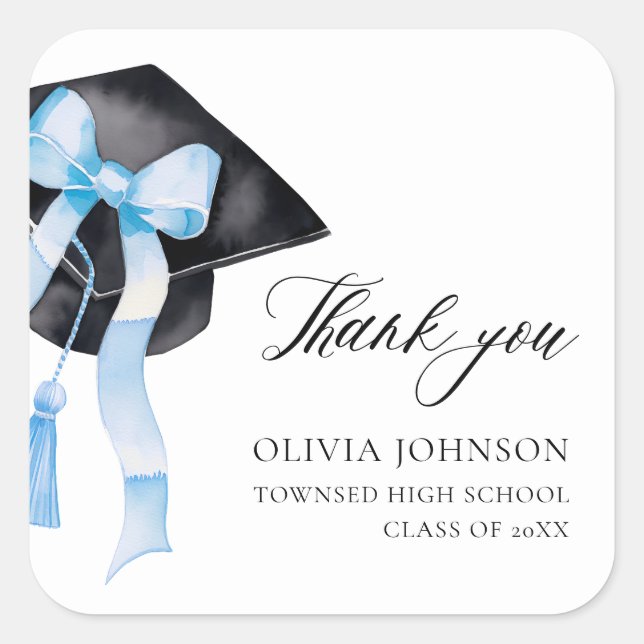 Modern Blue Bow Coquette Graduation Cap Thank you Square Sticker (Front)