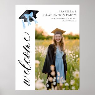 Modern Blue Bow Coquette Graduation Cap Welcome Poster