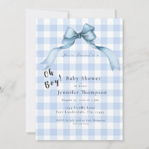 Modern Blue Bow Gingham Oh Boy Baby Shower Invitation