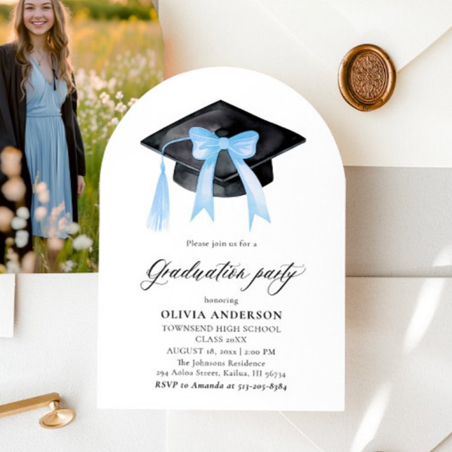 Modern Blue Bow Graduation Cap Graduation Arched Invitation (Creator Uploaded)