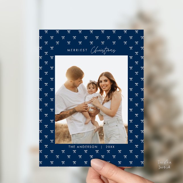 Modern Blue Bow Pattern Family Photo Christmas Postcard (Modern Navy Blue Bow Pattern Family Photo Christmas Postcard in Vintage theme)