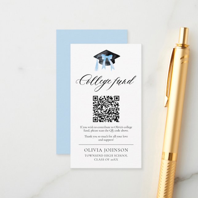 Modern Blue Bow QR Code College Fund Graduation Enclosure Card (Front/Back In Situ)