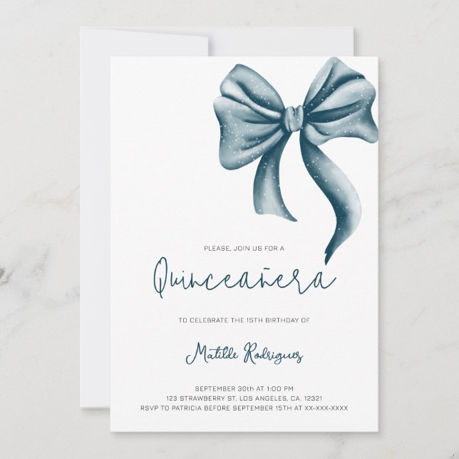Modern Blue Bow Quinceanera Birthday Invitation (Front)