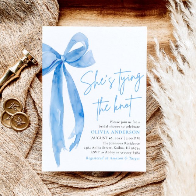 Modern Blue Bow She's Tying the Knot Bridal Shower Invitation (Modern Blue Bow She's Tying the Knot Bridal Shower Invitation)