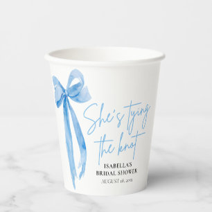 Modern Blue Bow She's Tying the Knot Bridal Shower Paper Cups