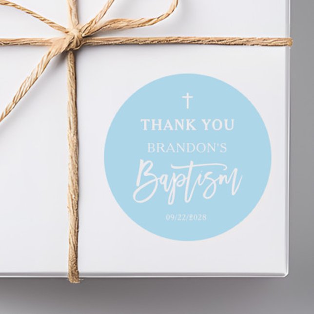 Modern Blue Boy Baptism  Classic Round Sticker (Creator Uploaded)