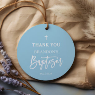 Modern Blue Boy Baptism Round Thank you Favour Tag