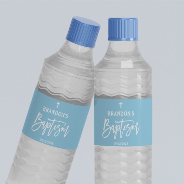 Modern Blue Boy Baptism  Water Bottle Label (Creator Uploaded)