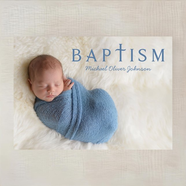 Modern Blue Boy Photo Baptism  Invitation (1 Photo Elegant Religious Blue Boy Baptism Invitation)
