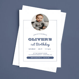 Modern Blue Boys Photo 1st Birthday Invitation