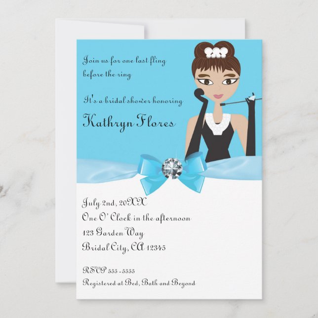 Modern Blue Bridal Shower White Bow & Diamond Invitation (Front)