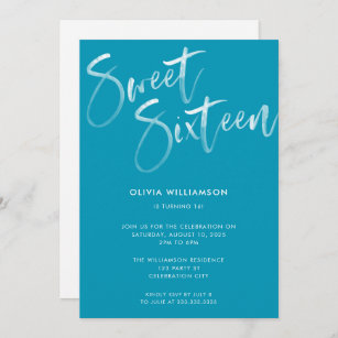 Modern Blue Brush Script Sweet 16 Birthday  Invitation