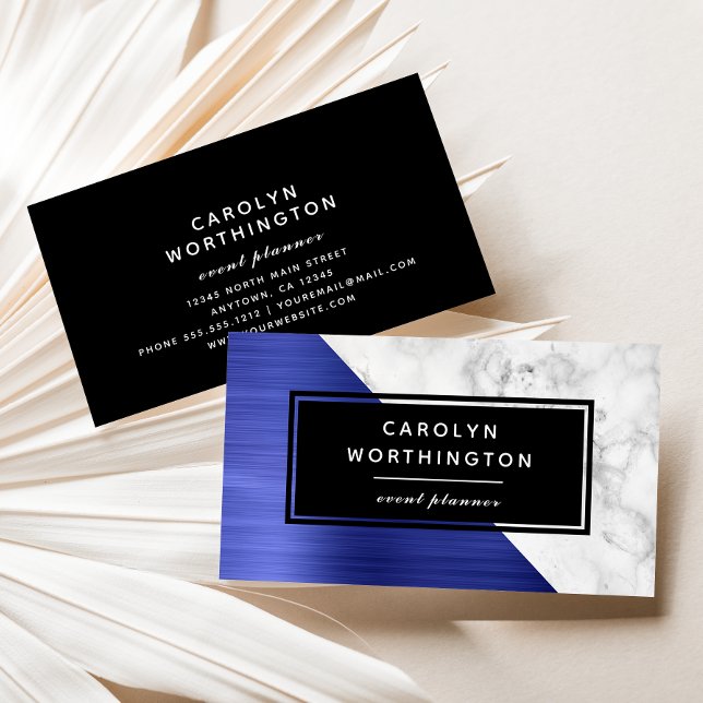 Modern Blue Brushed Foil White Marble Black Business Card (Creator Uploaded)