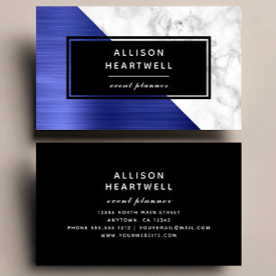 Modern Blue Brushed Metal White Marble Black Business Card