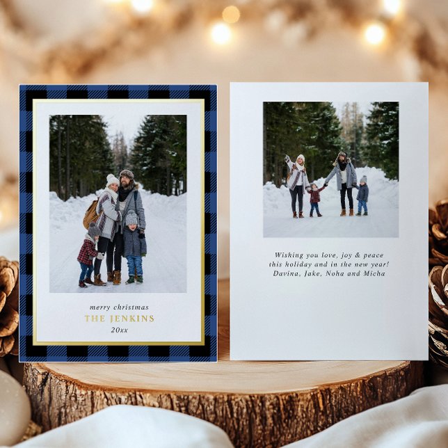 Modern BLUE Buffalo Plaid Christmas Two Photos (Creator Uploaded)