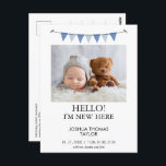 Modern Blue Bunting Flag Birth Announcement Postcard<br><div class="desc">Modern Blue Bunting Flag Birth Announcement Postcard 

Modern single photo on the front boy's birth birth announcement featuring a blue bunting flag and black text.  The parents message appears on the back. This modern birth announcement postcard is a sweet way to announce the birth of your newborn baby boy.</div>