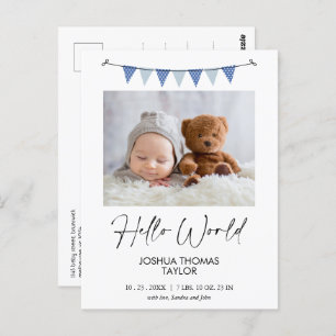 Modern Blue Bunting Flag Hello Birth Announcement Postcard