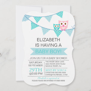 Modern Blue Bunting Pennant Owl Boy Baby Shower Invitation