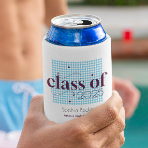 Modern Blue Burgundy Graduation Cap Pattern Can Cooler