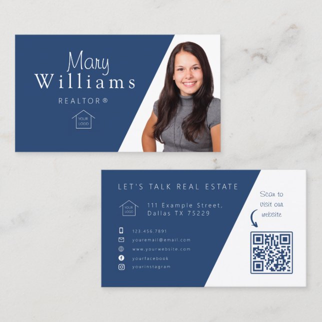 Modern Blue Business Card for Realtors with QR Cod (Front/Back)