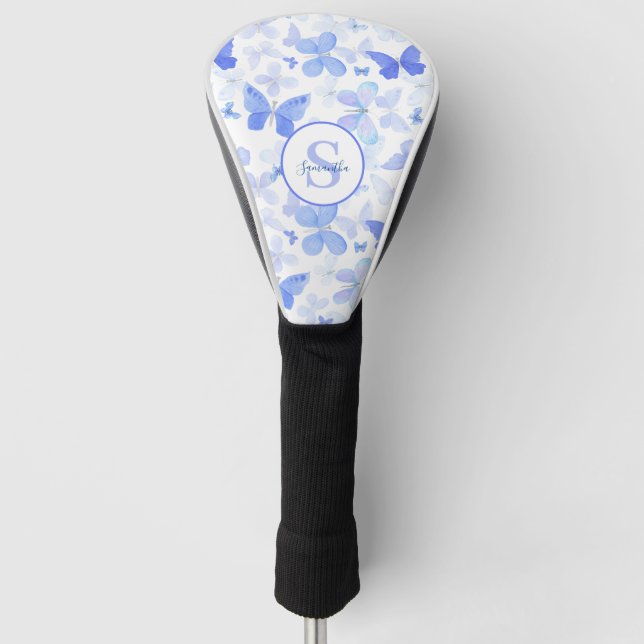 Modern Blue Butterfly Monogram  Golf Head Cover (Front)