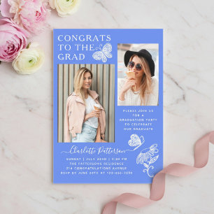 Modern Blue Butterfly Photo Graduation Party Acrylic Invitations