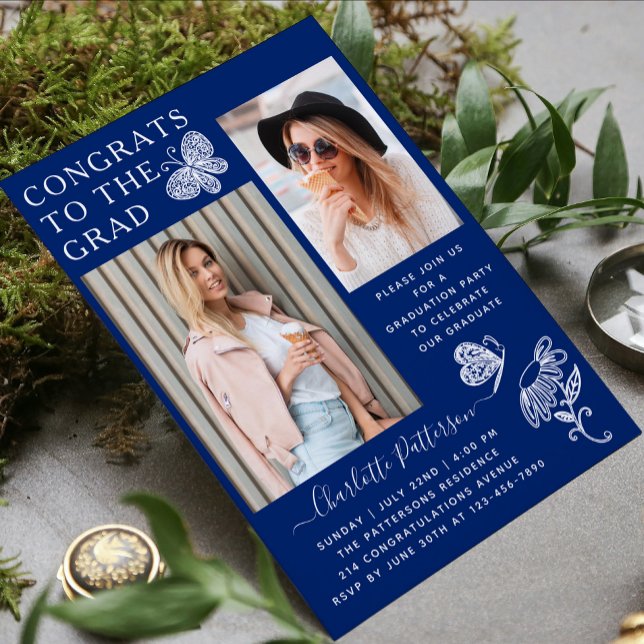 Modern Blue Butterfly Photo Graduation Party Invitation (Creator Uploaded)