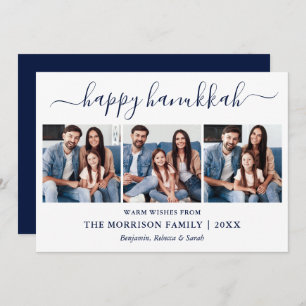Modern Blue Calligraphy Script Hanukkah 3 Photo Holiday Card