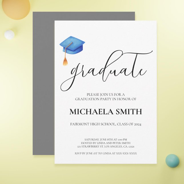 Modern Blue Cap High School Graduation Party Invitation (Cute Modern Blue Cap High School Graduation Party Invitation)