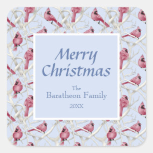 Modern Blue Cardinal Bird Merry Christmas Square Sticker