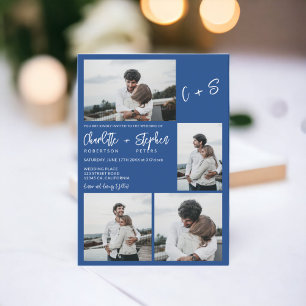 Modern blue casual initials 5 photos wedding invitation