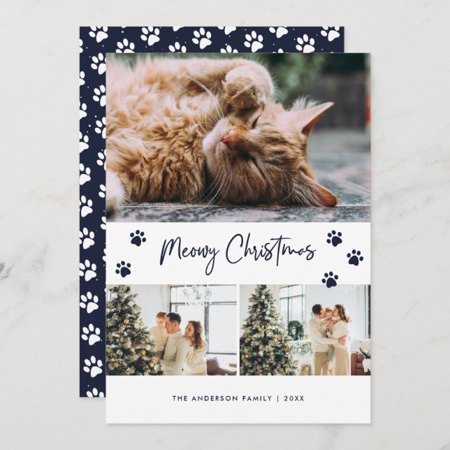 Modern Blue Cat Owner Photo Meowy Christmas Card (Front/Back)