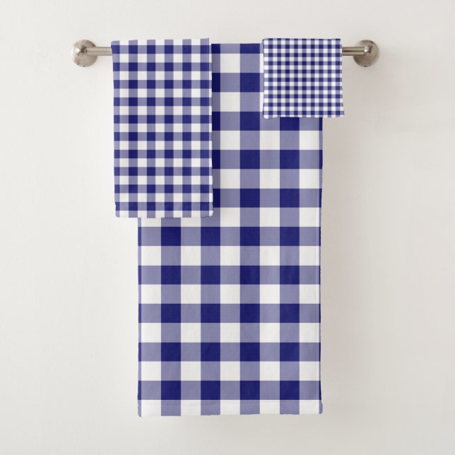 Modern Blue Checked Gingham Pattern Bath Towel Set (Insitu)