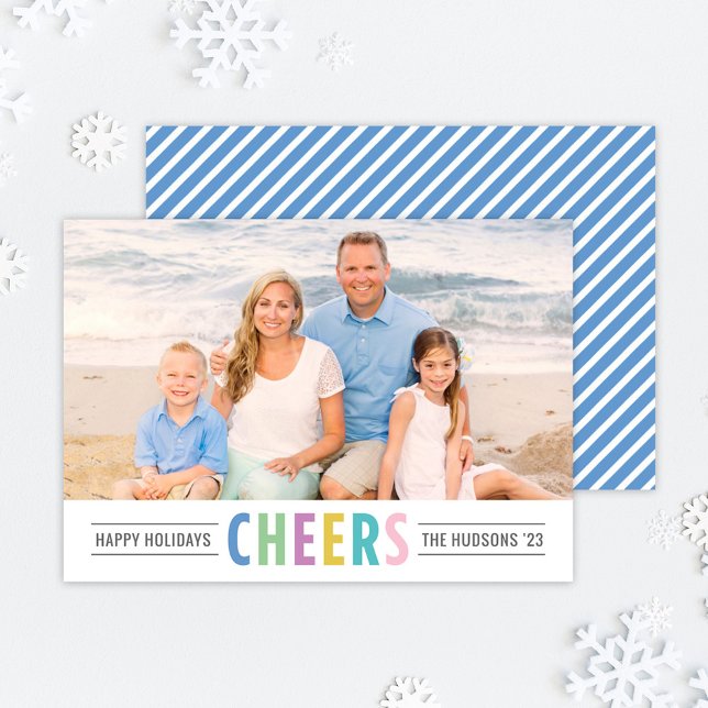 Modern Blue Cheers Happy Holidays Photo Holiday Card (Creator Uploaded)