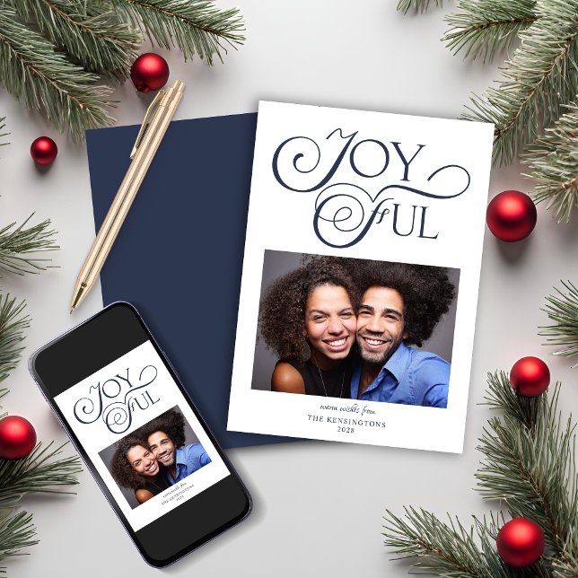 Modern Blue Christmas Joyful Christmas Photo Holiday Card (Modern Blue Christmas Joyful Christmas Photo Holiday Card)