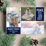 Modern Blue Christmas Peace Love Joy Photo Collage Holiday Card<br><div class="desc">This modern "Happiest Holidays" card features 3 photos, the words "Peace Love Joy" and customised text on the front and back. You can easily change the background colour to match your holiday photos - just click on customise and then the small eye dropper. Modern and simple yet sophisticated and trendy,...</div>