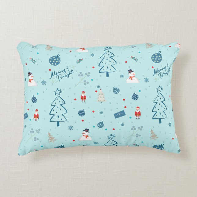 Modern Blue Christmas Pillow – Santa & Snowmen  (Front)